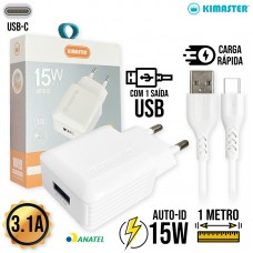 Kit Carregador 1 USB + Cabo Tipo C 1m T503UC Kimaster - Branco